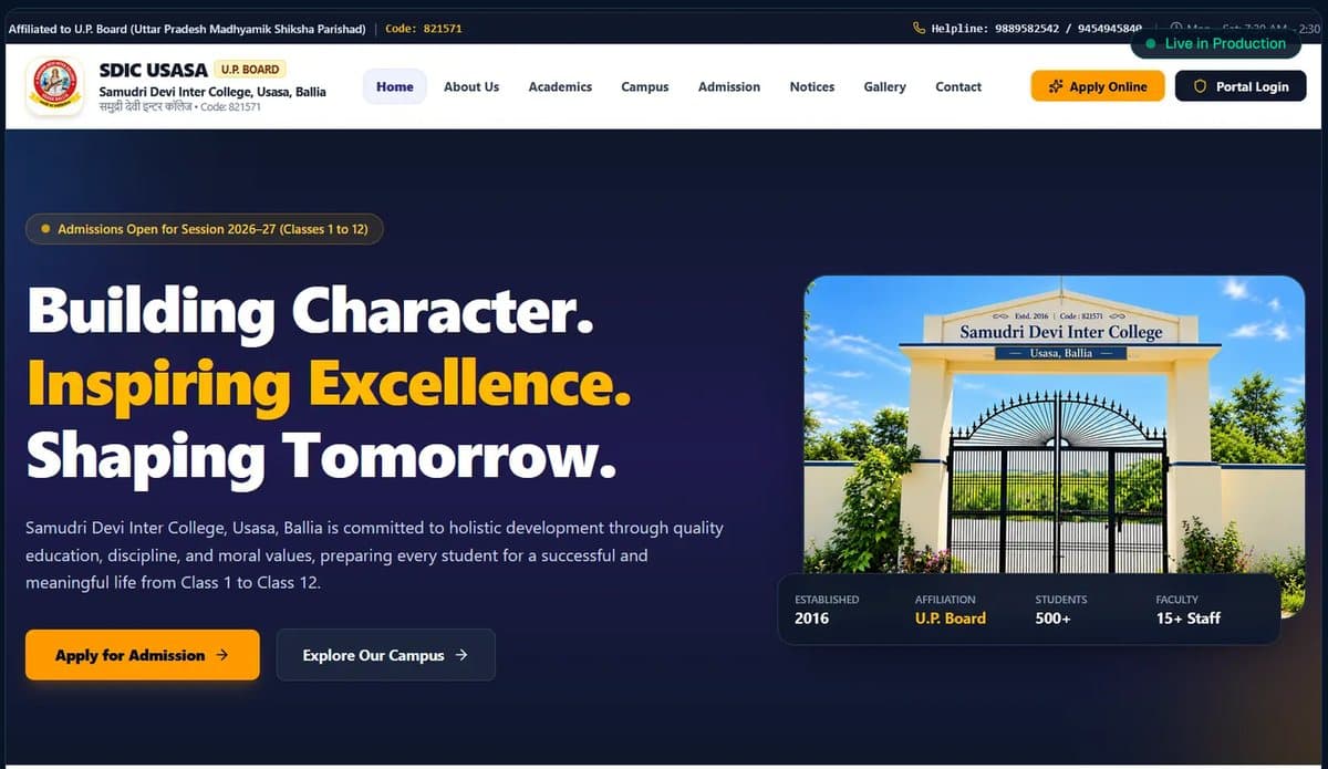 Homepage of the SDIC USASA school website, showing the college gate, an admissions banner and the main navigation